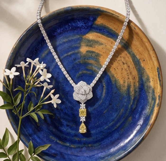 Luxurious - 6.7 carat yellow Montana Sapphire .925 Sterling Silver handcrafted Statement Necklace - Necklace on ceramic plate, floral design with yellow sapphire detail.