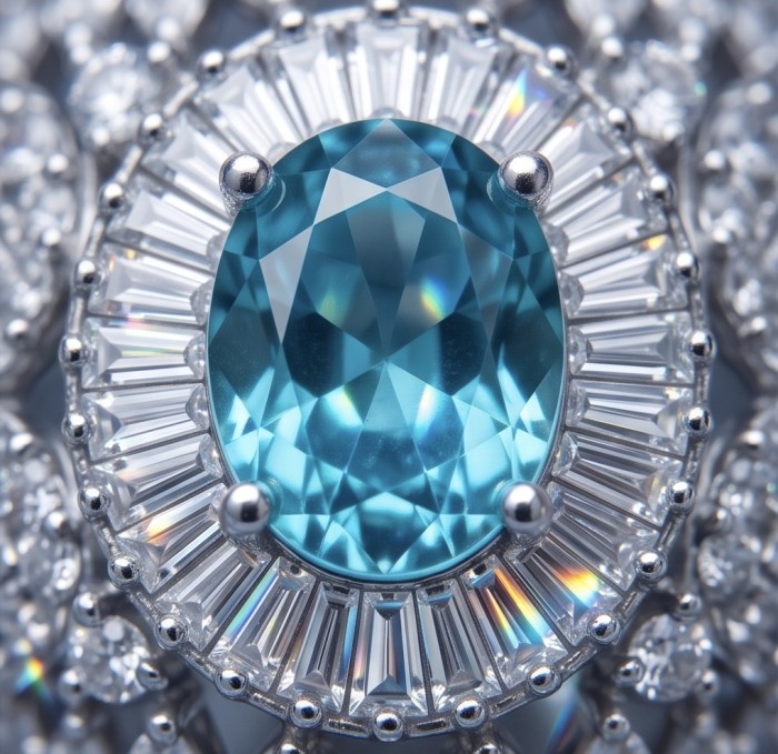 Wonderland 1.5 carat Brazilian Paraiba Tourmaline .925 Sterling Silver Handcrafted Ring size 8 1/4 - Close-up of Paraiba Tourmaline with diamond halo in silver setting