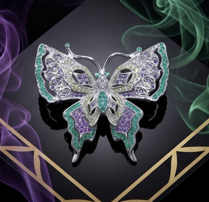 Vintage Design - Green Butterfly - Genuine 3.2 carat Colombian Emerald .925 Sterling Silver handmade Pendant Brooch - Top view of butterfly brooch with green and purple gemstones.
