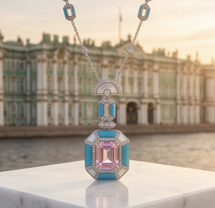 Emily - Art Deco - Precious genuine 8.4 carat Kunzite inlay Turquoise .925 Sterling Silver handcrafted necklace - Art Deco necklace with Kunzite stone, outdoor display at sunset.