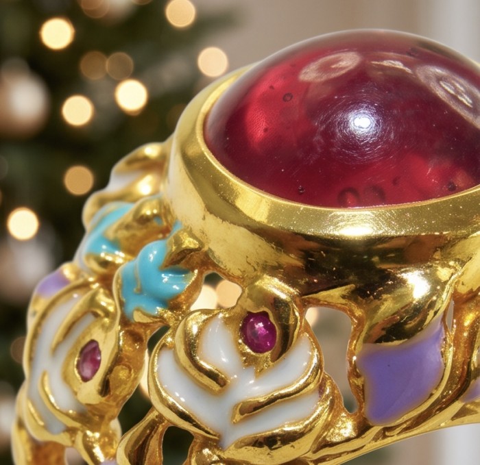 Giovanna 5.6 carat Kashmir Ruby .925 Sterling Silver dipped in 22K Gold handmade Statement Ring size 7 - Close-up of Giovanna ring with 5.6 carat Kashmir Ruby, ornamental details