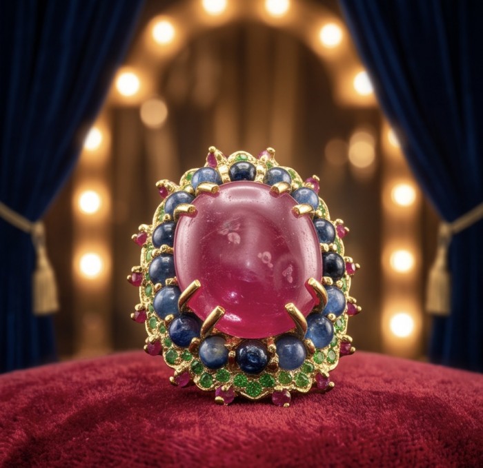 King of Gems Genuine 24.5 CARAT Mozambique Ruby 18K Gold over .925 Sterling Silver Large Statement Ring size 9 - Close-up of Mozambique ruby ring with gold and blue gemstone setting.