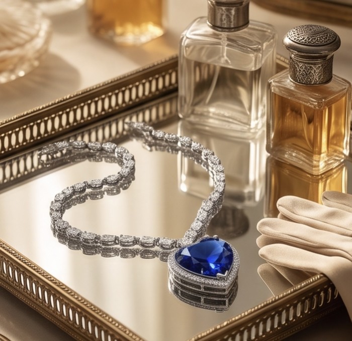 Titanic - Heart of The Ocean Necklace ~ 24.5 Ct Blue Sapphire Necklace In 925 Sterling Silver necklace - Heart of The Ocean Necklace on mirrored tray with perfume bottles.