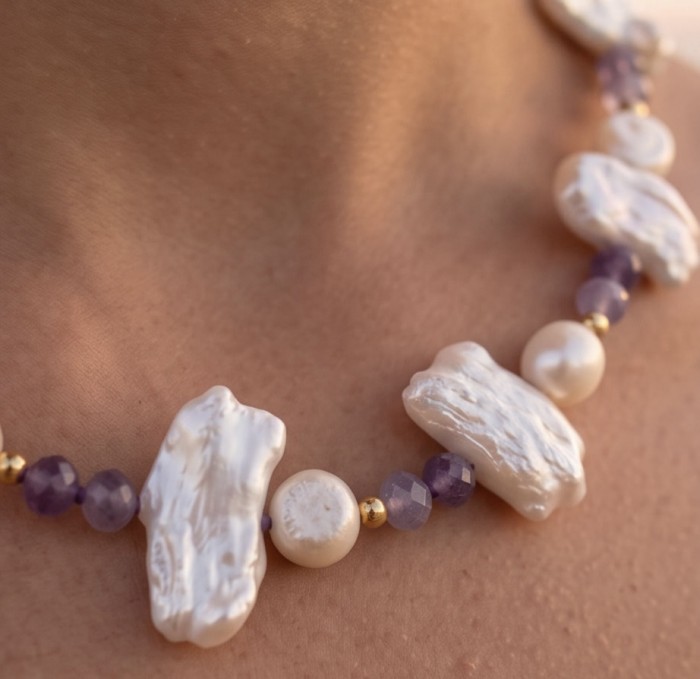 Colors of the Ocean - Outstanding MOTHER OF Pearl .925 Sterling Silver diped in 14K Gold handcrafted Statement necklace - Close-up of mother of pearl necklace worn on neck.