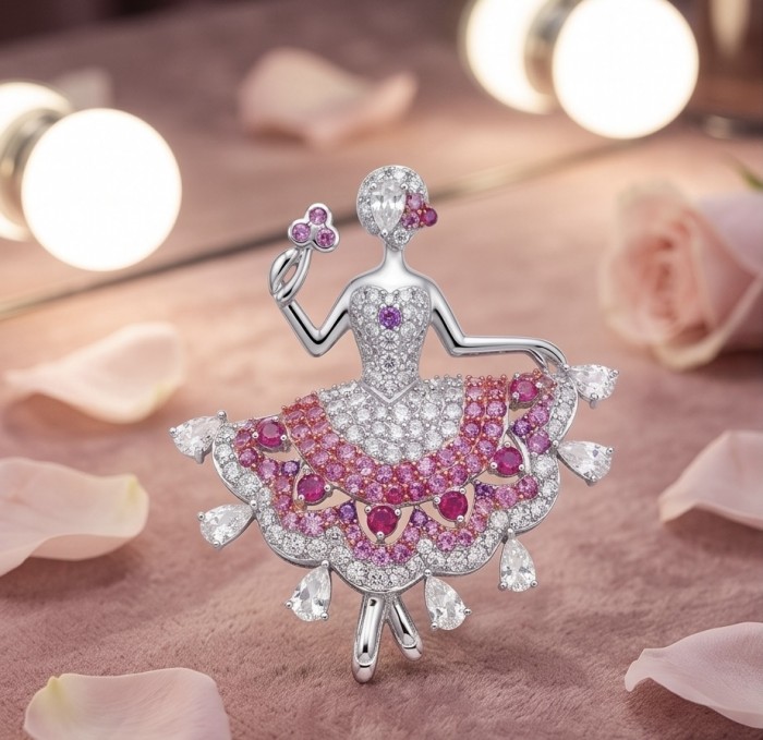 Ballerina - Precious 8.2 carat Colombian Ruby rhodium over .925 Sterling Silver handmade Pendant - Brooch - Ballerina brooch, top view, featuring rubies and diamonds on velvet.