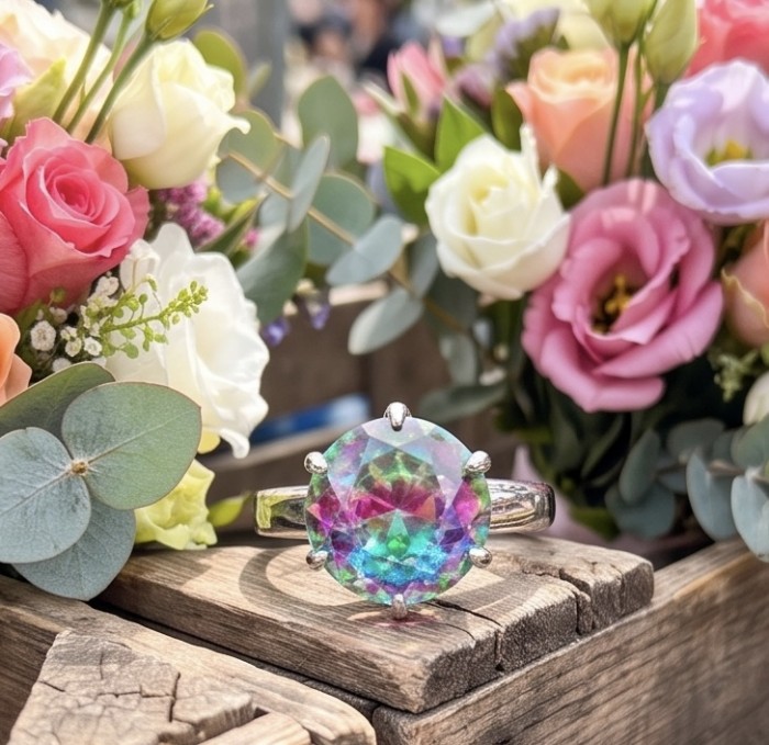 7.8 carat Brazilian Tourmaline .925 Sterling Silver Perfectly handcrafted Ring s. 6 - Close-up of 7.8 carat Brazilian Tourmaline ring with flowers in background