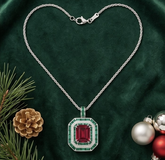 Art Deco 19.4 ctw Ruby Emerald .925 Sterling Silver dippedin rhodium handcrafted Statement necklace - Necklace on green fabric, featuring Art Deco ruby and emerald pendant.