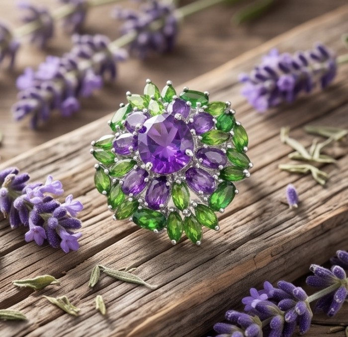 Rosaria Genuine 12.7 carat Brazilian Amethyst rhodium over .925 Sterling Silver handcrafted Statement Ring size 7 3/4 - Amethyst ring with green stones on wood with lavender flowers