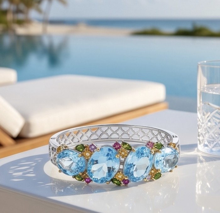 PACIFICA - 25.8 carat Swiss Blue Topaz 10.2 carat Sapphire 18K Rose Gold over .925 Sterling Silver handmade bangle Bracelet - Top view of PACIFICA bracelet with blue topaz and sapphire stones.