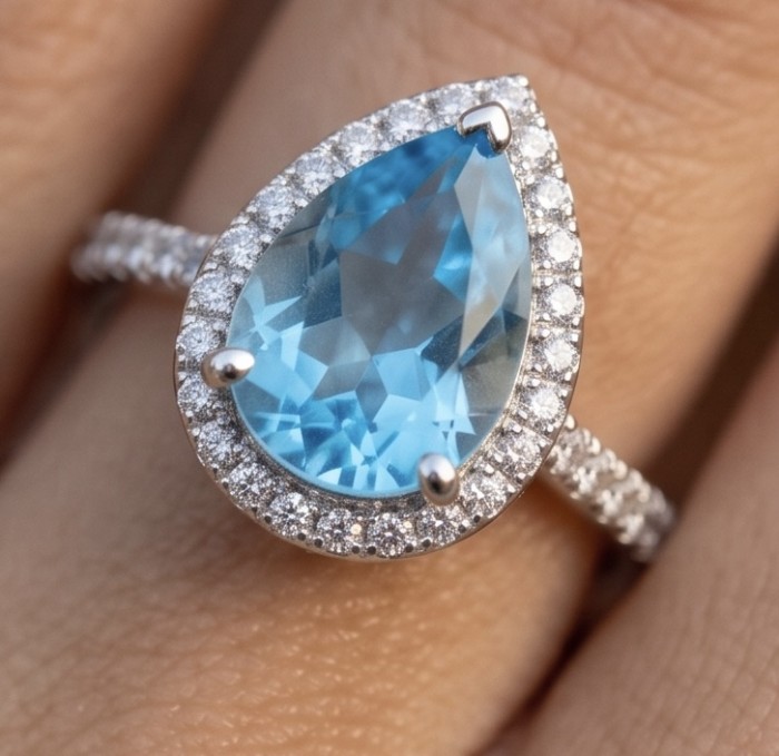 Ocean's Drop 6.8 carat genuine Swiss Blue Topaz .925 Sterling Silver handcrafted ring size 8 - Close-up of Ocean's Drop Swiss Blue Topaz ring worn on hand.