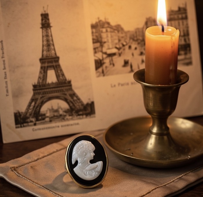 Exquisite Cameo 2 tones .925 Sterling Silver handcrafted Made in Italy Statement ring; s. 8 1/2 - Cameo ring front view with candle and vintage Paris postcard background