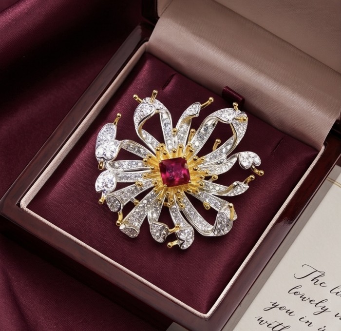 Exotic Flower - RARE FINDING - 4.7 carat Authentic Ruby 18k Gold over .925 Sterling Silver handcrafted Pendant Brooch - Jewelry close-up in box: Exotic Flower 4.7 carat Ruby, 18k gold setting.