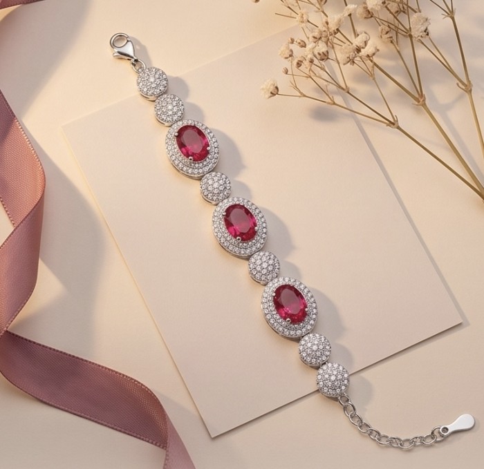 Luxurious 2.8 carat natural Mozambique Ruby .925 Sterling Silver Statement Bracelet - Luxurious bracelet with Mozambique rubies, overhead view.