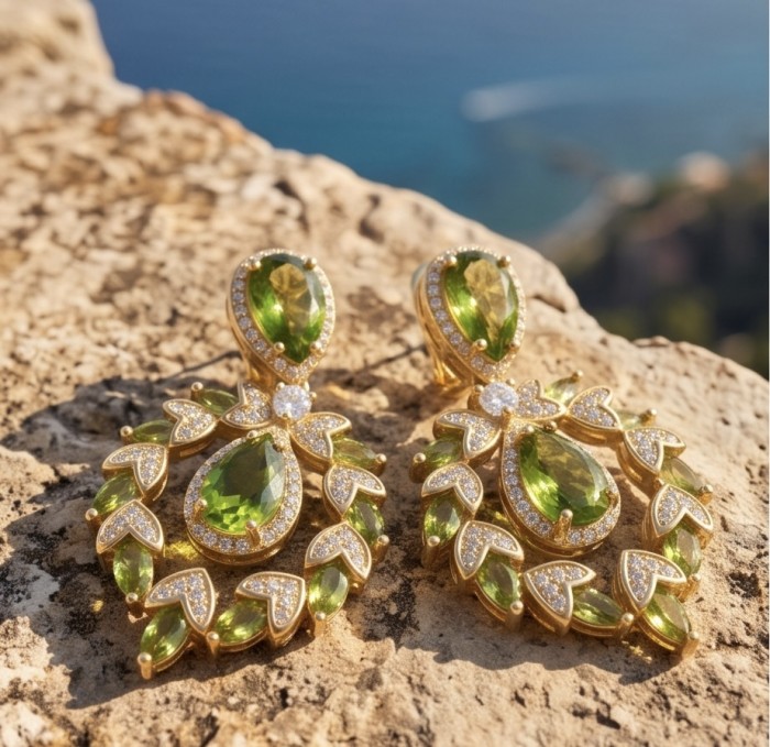 Serenade authentic 12.5 carat Brazilian Green Topaz 18K Gold over .925 Sterling Silver handcrafted Earrings - Double earrings with green topaz and gold, close-up on rocks.