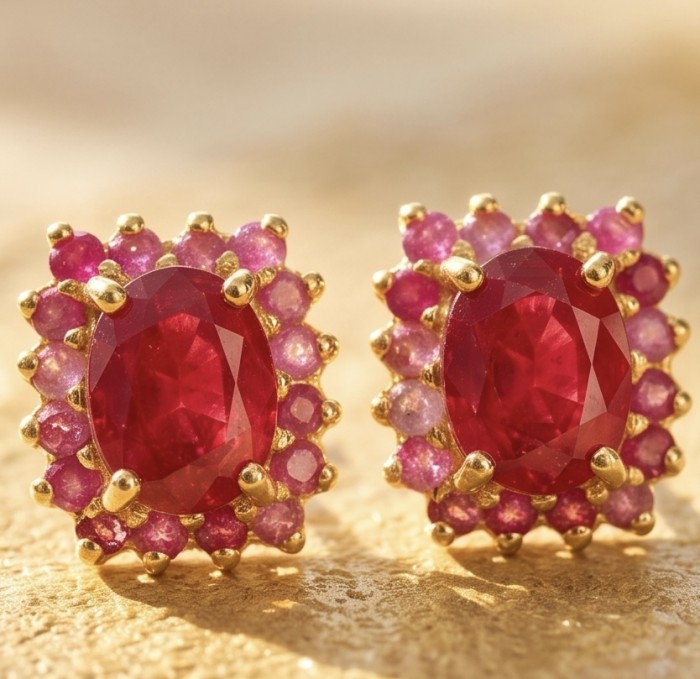 Natural 4.2 carat Mozambique Ruby .925 Sterling Silver dipped in 22K Gold Handcrafted Earrings - Close-up of ruby earrings with gold settings on a textured surface.