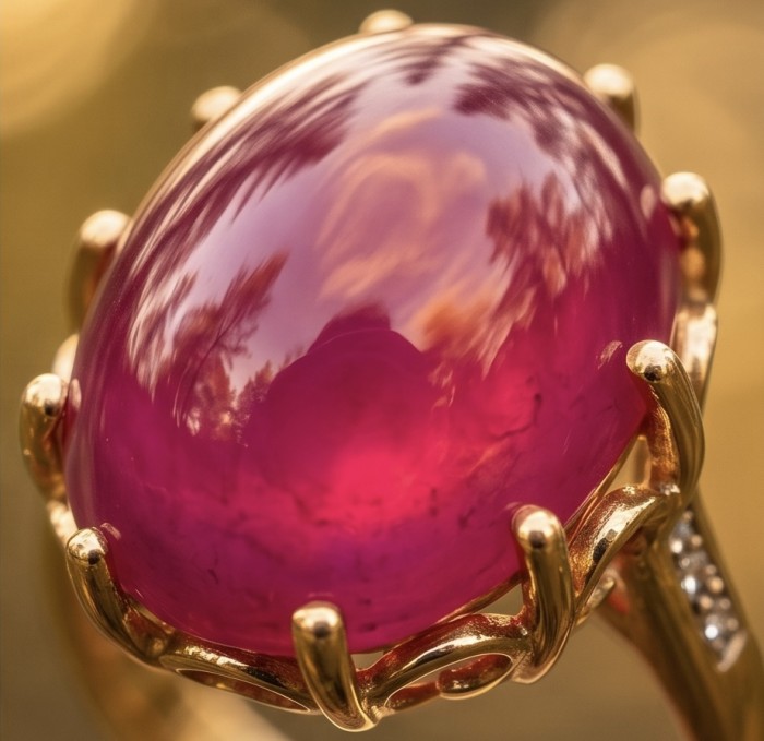 Abundant Blessings - Precious - Genuine 38.5 carat Star Ruby 18K Gold over .925 Sterling Silver handmade Ring size 7 - Close-up of large ruby set in gold ring