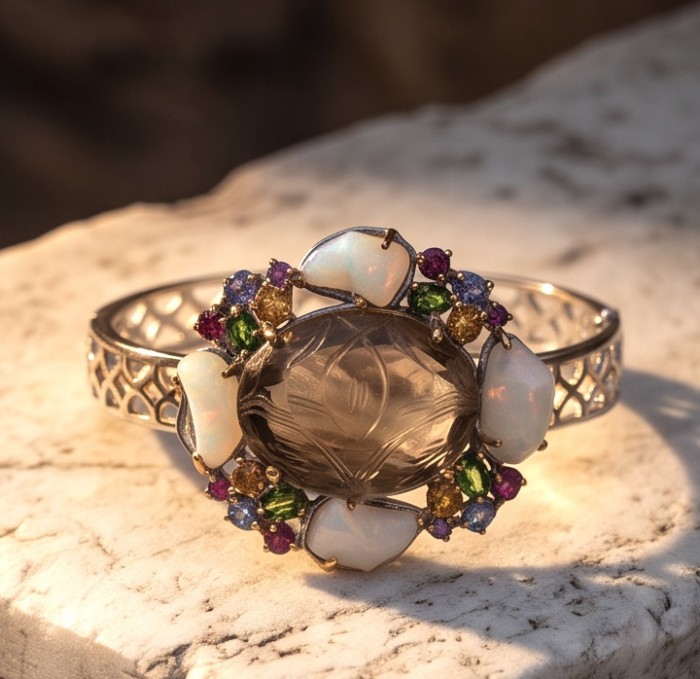 Golden Symphony 59.8 carat Genuine Champagne Topaz Rough Opal 2 tones .925 Sterling Silver dipped in Rhodium handcrafted bracelet - Front view of Golden Symphony ring with champagne topaz and opals