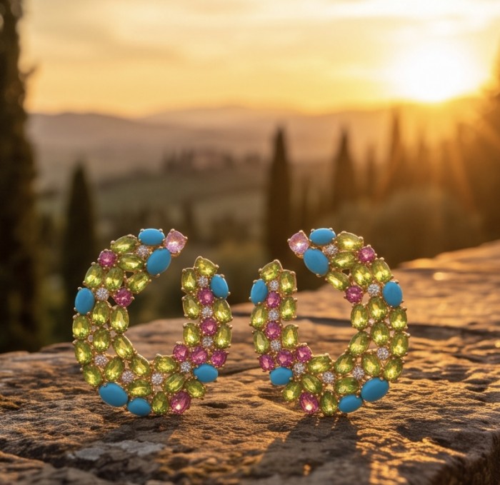 SERENADE Luxurious .9 carat authentic Himalayan Peridot .925 Sterling Silver dipped in 14K Gold Handcrafted Statement Earrings - Colorful hoop earrings with gems against a sunset landscape backdrop.