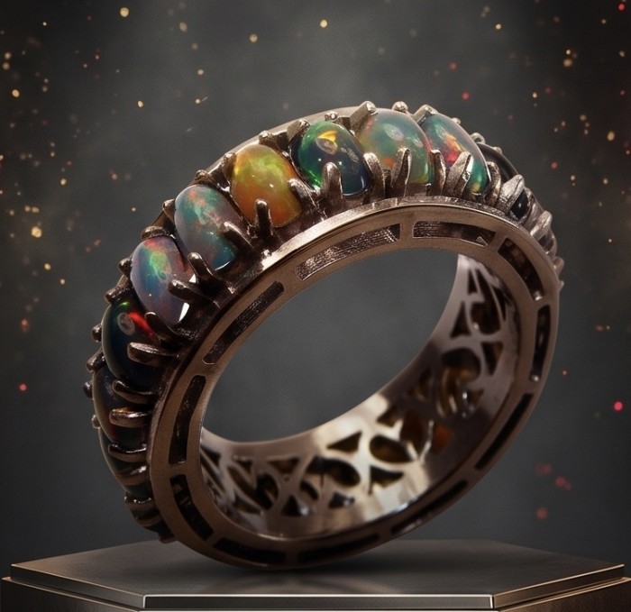 Milky way Genuine 8.2 carat Black Opal 18K Gold over .925 Sterling Silver handmade eternity Ring size 8 - Black opal ring side view, 18K gold over .925 silver, 8.2 carats