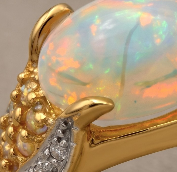 ENDLESS OCEAN 6.8 ctw Genuine Fire Ethiopian Opal 22K Gold over .925 Sterling Silver handmade Ring size 7 - Stone close-up of gold and opal jewelry with intricate detailing.