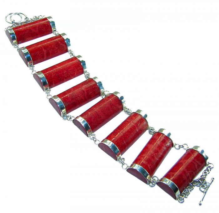 Precious Red Fossilized Coral .925 Sterling Silver handcrafted Large Bali Bracelet - photo 2