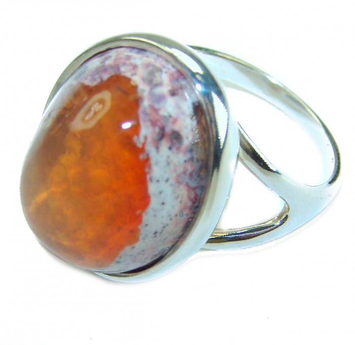 Queen of Fire best quality 10.4 carat Mexican Opal .925 Sterling Silver handmade ring 6 3/4 - Close-up of a 10.4 carat Mexican Opal ring in .925 sterling silver.