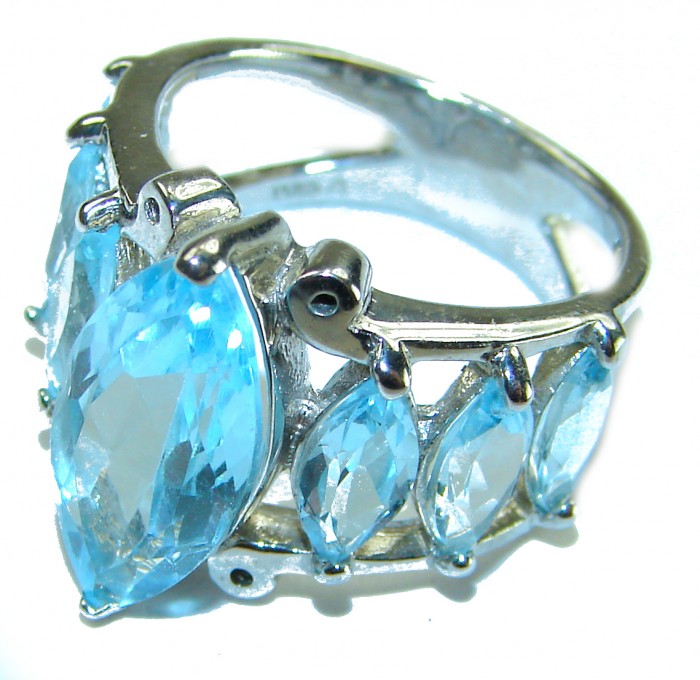 Atlantica 9.5 carat genuine Swiss Blue Topaz .925 Sterling Silver handmade Statement Ring size 7 1/4 - Close-up of Swiss Blue Topaz ring in .925 sterling silver setting.
