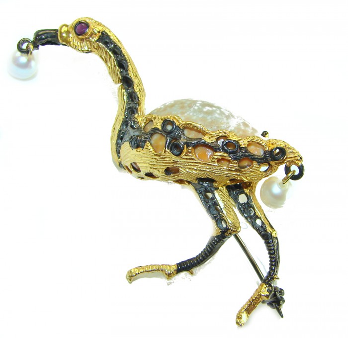 Colorful Precious Heron Natural Sea Shell 2 tones .925 Sterling Silver Brooch - Side view of colorful heron brooch with pearl and sea shell accents.