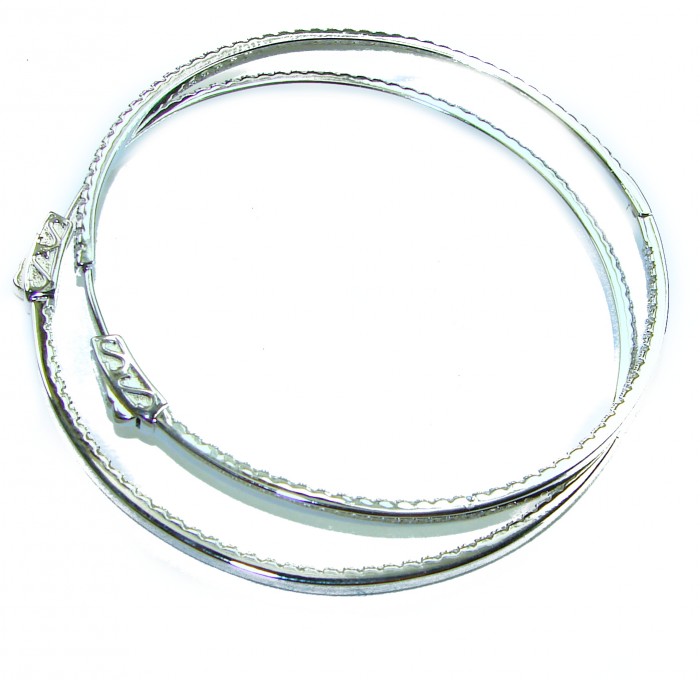 UNIQUE 2 inches long WHITE SAPPHIRE .925 Sterling Silver handmade Hoop Earrings - Sterling silver hoops with white sapphire detail, top view.