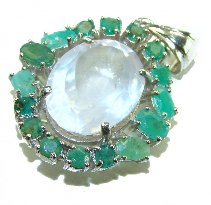 Vintage style Beauty genuine 10.5 carat Rose Quartz Emerald .925 Sterling Silver handmade Pendant - Close-up of vintage rose quartz and emerald pendant.