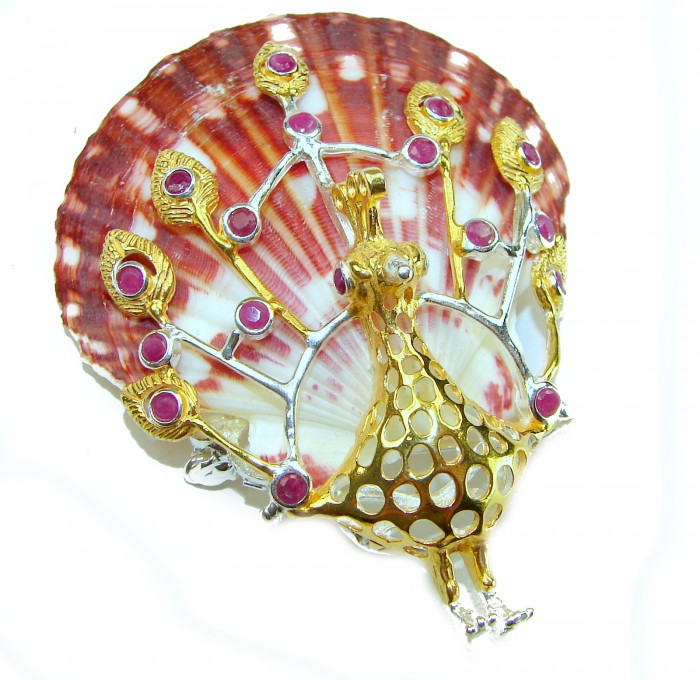 Greaceful Peacock Genuine Ocean Shell Ruby 14K Gold over .925 Sterling Silver handcrafted Pendant brooch - Peacock brooch with rubies and shell, front view.