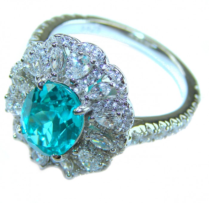 Eau Pure 3.5 carat Paraiba Tourmaline .925 Sterling Silver Handcrafted Ring size 7 - Close-up of Eau Pure Paraiba Tourmaline ring in sterling silver.