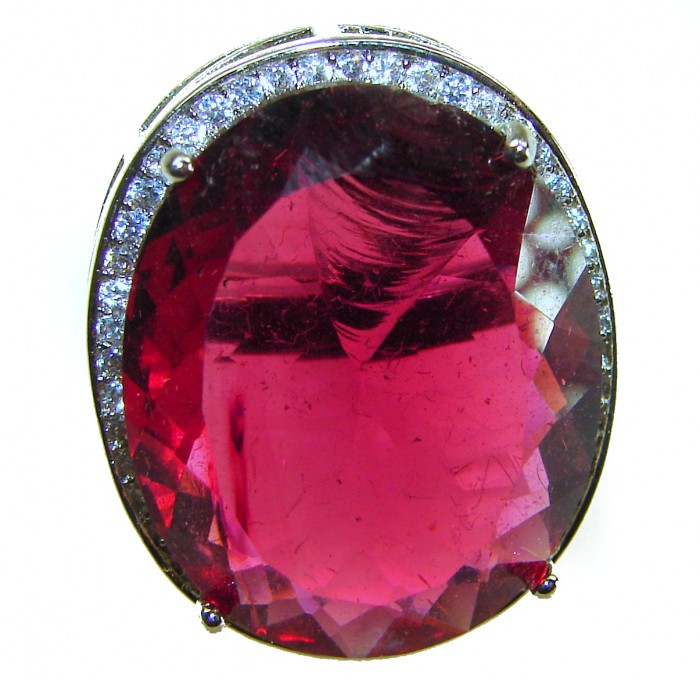 Raspberry Kisses Genuine 29.8 CARAT Red TOPAZ .925 Sterling Silver Large Statement Ring size 6 3/4 - Red topaz stone close-up with surrounding diamonds.