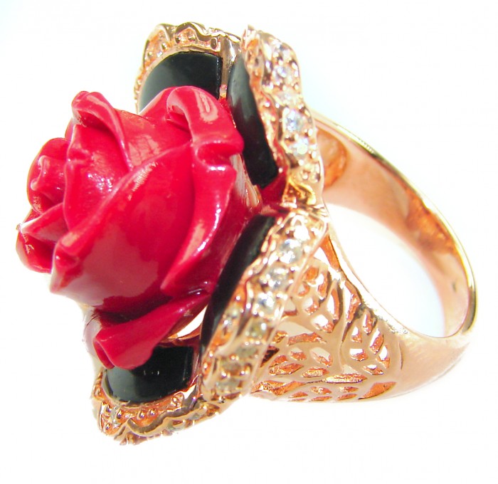 Enchanted Rose Genuine carved Coral 14K Gold over .925 Sterling Silver handcrafted ring s. 7 1/4 - Close-up of Enchanted Rose ring with carved coral and gold details.