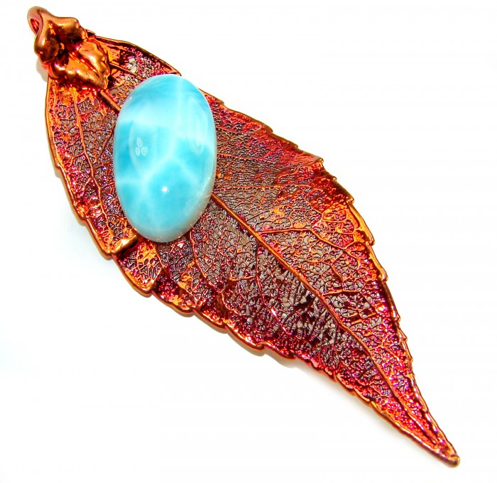 Rain Drop REAL Leaf dipped in copper Genuine 12.2 carat Larimar & .925 Sterling Silver Pendant - Leaf pendant with blue stone, top view, copper detail shown.