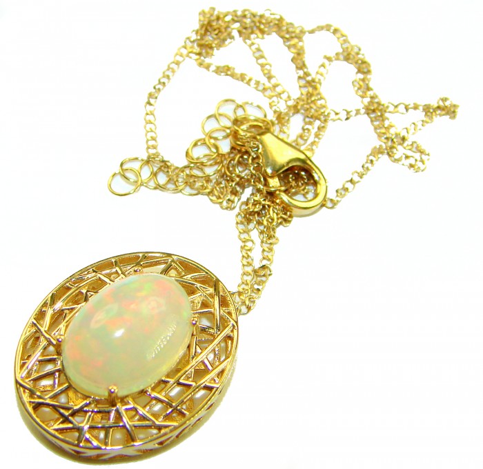 Earth Treasure Authentic 16.8 carat Golden Ethiopian Opal 22K Gold over .925 Sterling Silver handcrafted Statament Necklace - Golden Ethiopian opal necklace with chain and clasp detail, front view