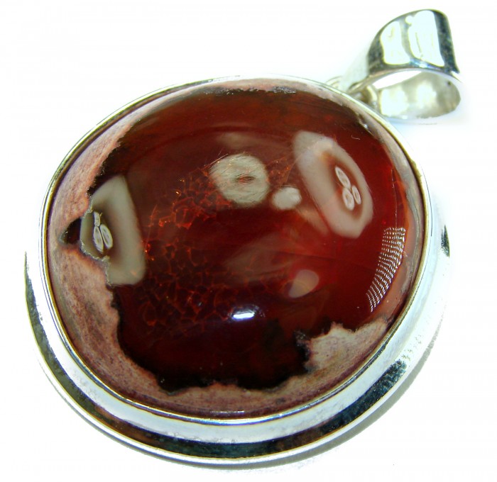 Inner Fire Natural 29.2 carat Mexican Fire Opal .925 Sterling Silver handmade Pendant - Close-up view of Mexican Fire Opal pendant in sterling silver setting.