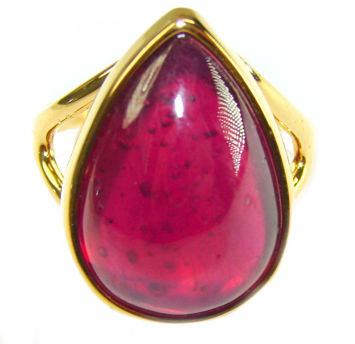 Carmen Natural 28.4 carat Ruby .925 Sterling Silver dipped in 22K Gold handmade Large Statement Ring size 8 - Close-up of Carmen 28.4ct ruby ring in gold-plated sterling silver.