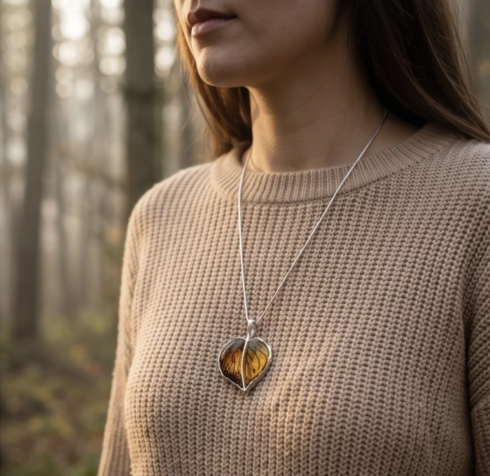 Golden Leaf Buttescotch Baltic Amber .925 Sterling Silver dipped in 18K Gold handmade pendant - Worn golden leaf amber necklace in sterling silver, chest view.