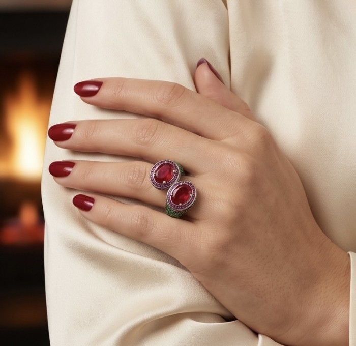 Giovanna Natural 8.6 carat Ruby pave Emerald .925 Sterling Silver dipped rhodium handmade Statement Ring size 6 1/4 - Ruby and emerald ring worn on hand, close-up view