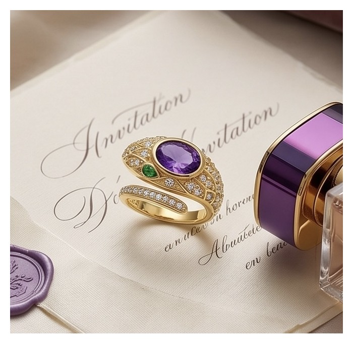 Seducer - Cobra 8.5 carat Amethyst 22K Gold over .925 Sterling Silver handcrafted handcrafted Ring s. 7 - Amethyst cobra ring on invitation, close-up angle.