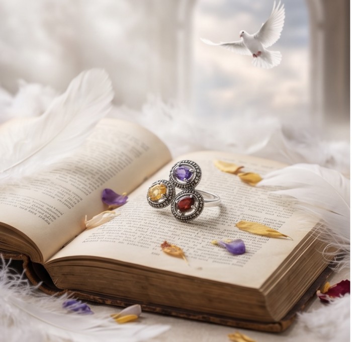 Fiesta Authentic 8.5 carat Multigem .925 Sterling Silver brilliantly handcrafted Ring size 9 - Ring with multicolored gems on open book with feather decor