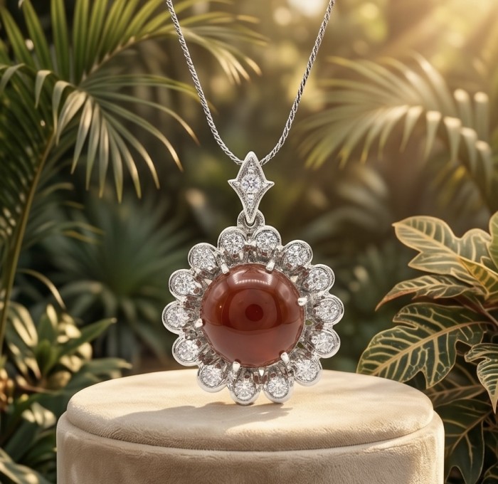Incredible round cut 8.8 carat Mozambique Ruby .925 Sterling Silver handcrafted pendant - Ruby necklace with diamond accents, close-up against lush background