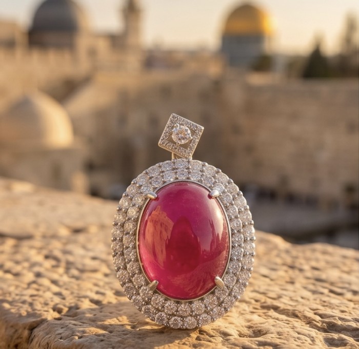 Rare 16.2 carat authentic Kashmir Ruby rhodium over .925 Sterling Silver handmade Statement Pendant - Close-up of a 16.2 carat Kashmir Ruby pendant with diamond accents