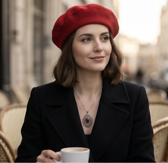 Retro Style - Precious - Genuine 14.5 carat Ruby .925 Sterling Silver handmade Pendant - Necklace with 14.5 carat ruby pendant, worn and visible at the café table.