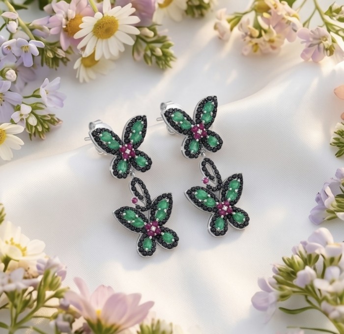 RARE BEAUTY! Valentina 27.2 carat CARVED Emerald Sapphire .925 Sterling Silver dipped in rhodium Statement handcrafted earrings - Butterfly earrings with emeralds and sapphires on a floral background.