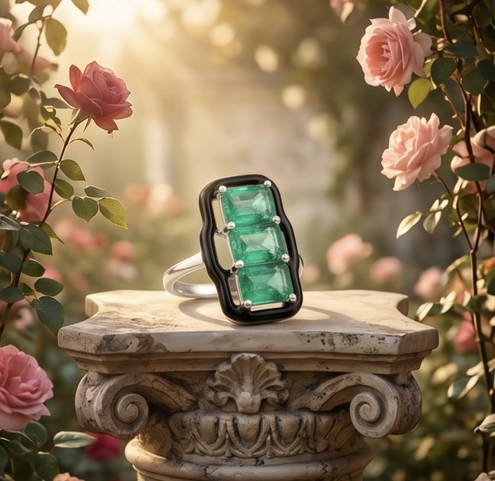 Art Deco 8.2 carat Colombian Emerald black enamel .925 Sterling Silver handcrafted Ring size 7 - Emerald ring on pedestal in garden, front view, roses in background.