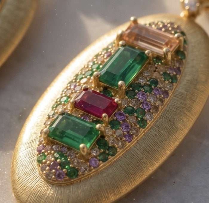 Byzantine design Authentic 8.2 carat Topaz 18K Gold over .925 Sterling Silver handcrafted Statement earrings - Close-up of Byzantine design pendant with gemstones in 18K gold setting.
