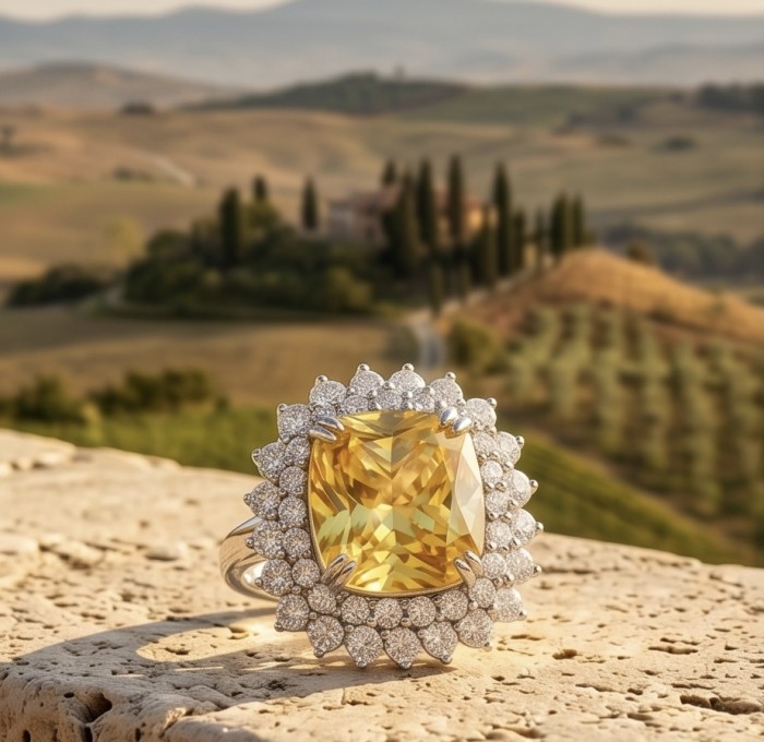 Solid 25.8 carat Genuine Yellow Sapphire .925 Sterling Silver handcrafted ring size 7 1/4 - Yellow sapphire ring on stone ledge, landscape background, close-up view