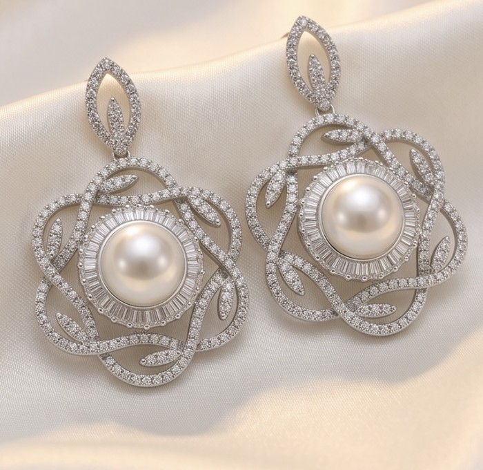 BLOOMING FLOWERS Genuine Pearl 0.2 CARAT lab grown Diamond rhodium over .925 Sterling Silver handcrafted Statement Earrings - Close-up of Blooming Flowers pearl and diamond earrings on fabric.